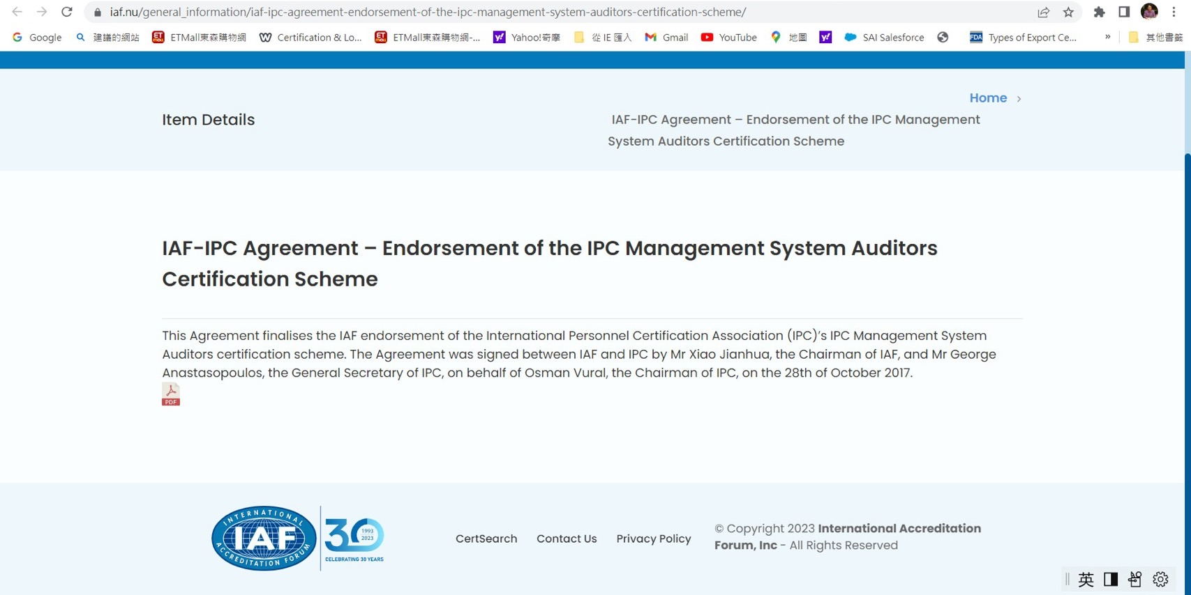 IAF-IPC Agreement – Endorsement of the IPC Management System Auditors Certification Scheme